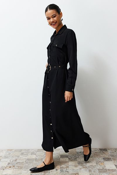 Trendyol Modest Rochie cămașă împletită cu nasturi aurii negru TCTSS24EB00132