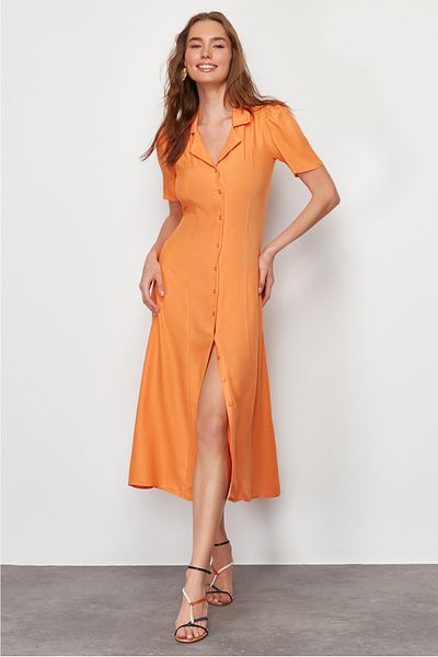Trendyol Collection Rochie cămașă țesută Midi portocalie TWOSS24EL00448