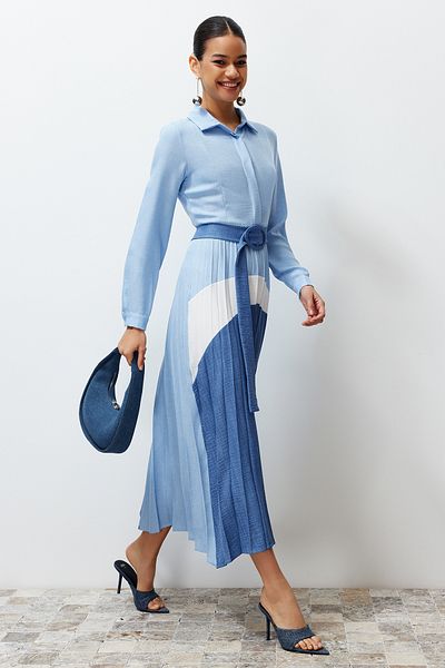 Trendyol Modest Φόρεμα υφασμένο πουκάμισο σε μπλε χρώμα TCTSS24EB00119