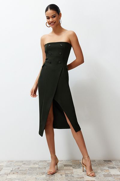 Trendyol Collection Khaki lapos gombos pánt nélküli pánt, rugalmas TWOSS24EL00426