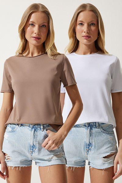 Happiness İstanbul Damski 2-pak podstawowych, dzianinowych T-shirtów z białymi taupe i okrągłym dekoltem UB00238