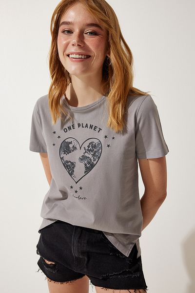 Happiness İstanbul Women's Gray Printed Knitted T-Shirt WO00035