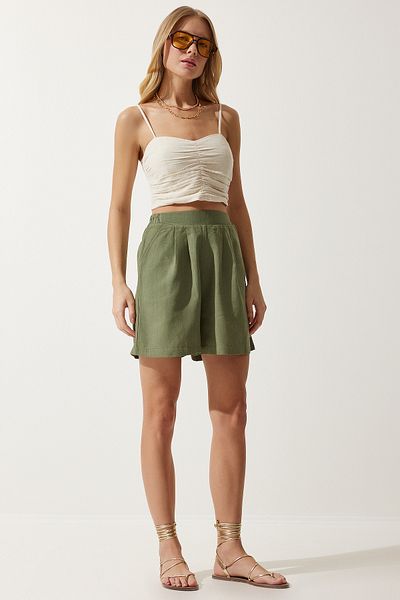 Happiness İstanbul Damskie lniane szorty khaki z kieszeniami MC00276