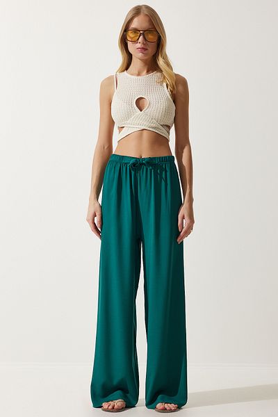 Happiness İstanbul Smaragdgrüne Palazzo-Hose aus Viskose für Damen im Sommer EN00610