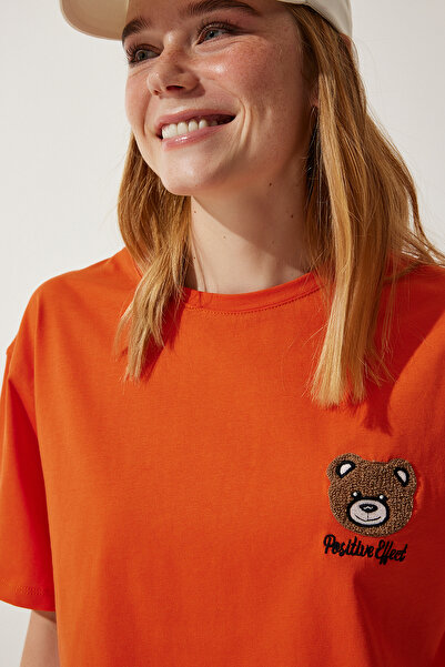 Happiness İstanbul Damska koszulka z dzianiny w kolorze pomarańczowym z haftowanym misiem HF00456