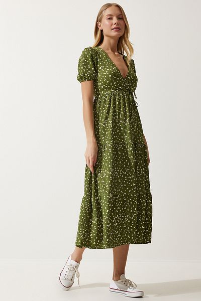Happiness İstanbul Khakifarbenes Damen-Sommerstrickkleid mit Wickelkragen und Muster UB00267