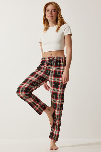 Happiness İstanbul Pantaloni de pijama pentru femei, negru, roșu, cu modele, texturate moi, tricotate, CE00089