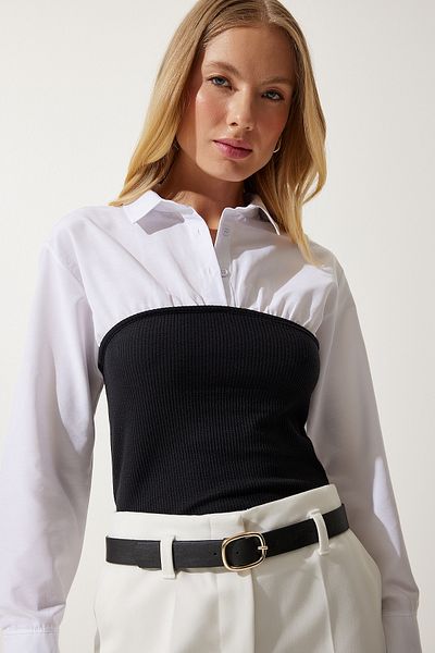 Happiness İstanbul Weiß-schwarze Damen-Hemdbluse mit Polokragen und Farbblockmuster AN00174