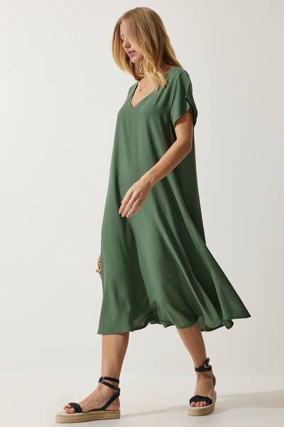 Happiness İstanbul Dámské letní splývavé viskózové šaty s výstřihem do V khaki EN00612