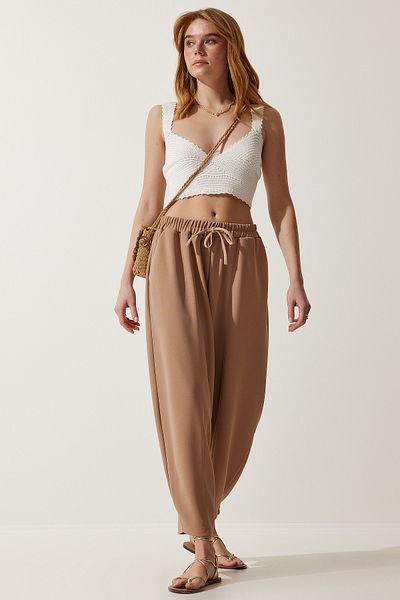 Happiness İstanbul Women's Cream Seasonal Comfortable Shalwar Trousers OH00054