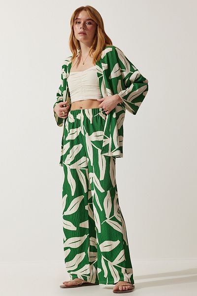 Happiness İstanbul Dunkelgrünes gemustertes Crinkle-Sommerjacke-Palazzo-Set für Damen DD01304