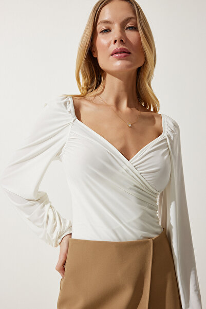 Happiness İstanbul Dámská pletená halenka Ecru s elastickým balonovým rukávem Sandy FF00154