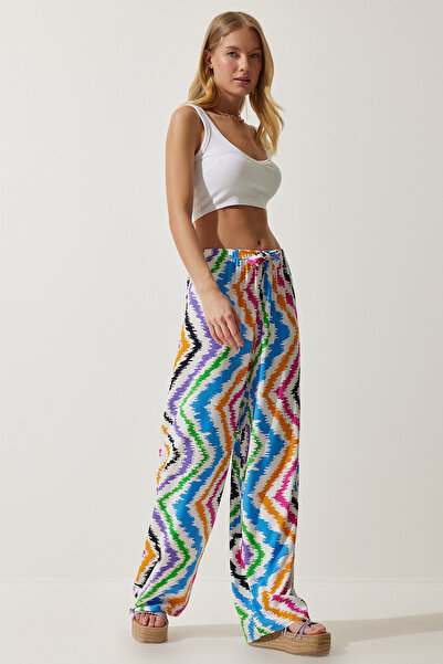 Happiness İstanbul Dámské bílé modré vzorované splývavé viskózové kalhoty Palazzo EN00606