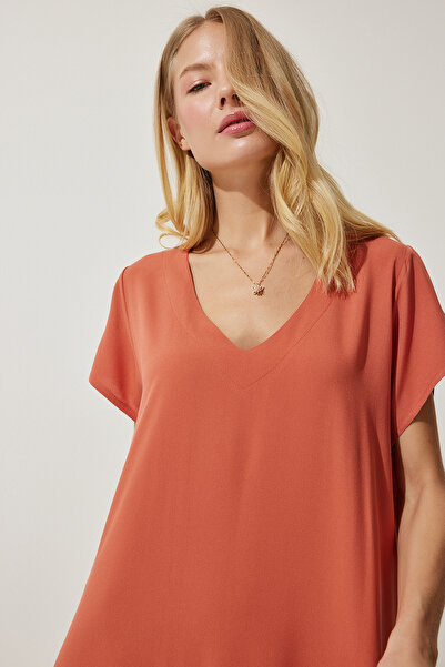 Happiness İstanbul Kadın Oranj V Yaka Yazlık Dökümlü Viskon Elbise EN00612