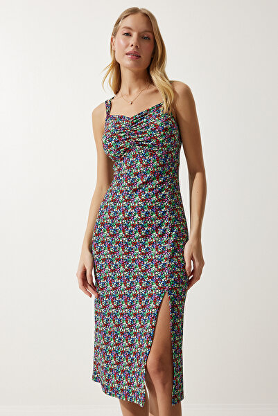 Happiness İstanbul Kadın Mavi Yeşil Çift Askılı Desenli Örme Elbise MC00262