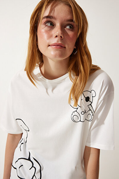 Happiness İstanbul Weißes bedrucktes Oversize-Strick-T-Shirt für Damen HF00457