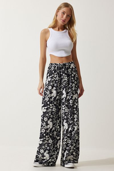Happiness İstanbul Women's Black Patterned Flowing Viscose Palazzo Trousers EN00606