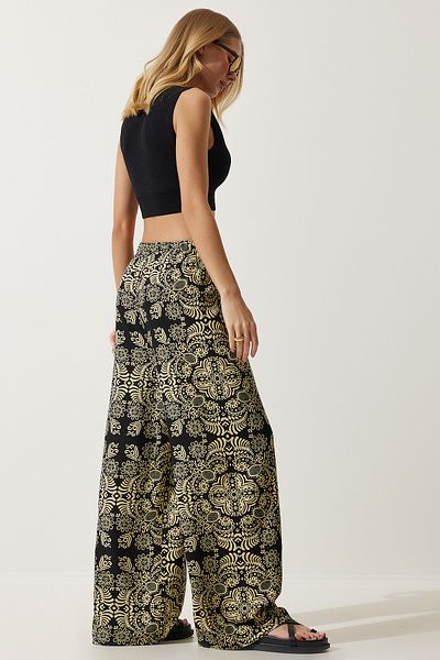 Happiness İstanbul Women's Black Beige Patterned Raw Linen Palazzo Trousers BH00397