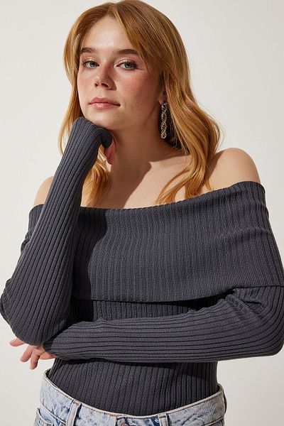 Happiness İstanbul Woman Anthracite Madonna Collar Knit Sweater FN03180
