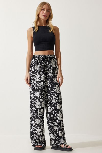 Happiness İstanbul Damen-Palazzo-Hose aus fließender Viskose in Weiß und Schwarz mit Muster EN00606