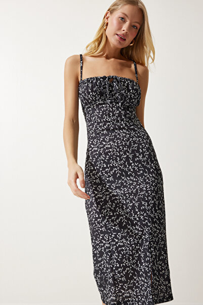 Happiness İstanbul Dámské zářivé černé květinové letní pletené šaty s rozparkem CI00029