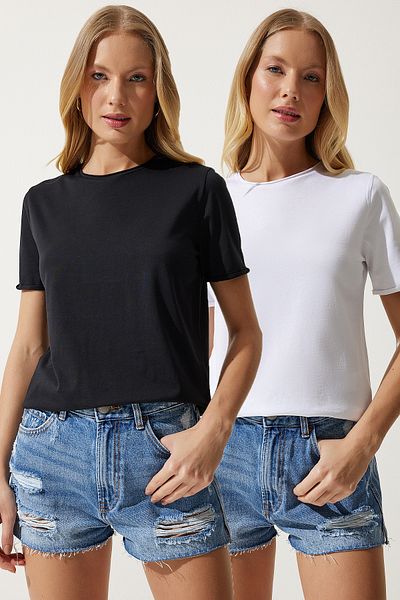 Happiness İstanbul Schwarz-weißes Basic-Strick-T-Shirt mit Rundhalsausschnitt für Damen, 2er-Pack, UB00238