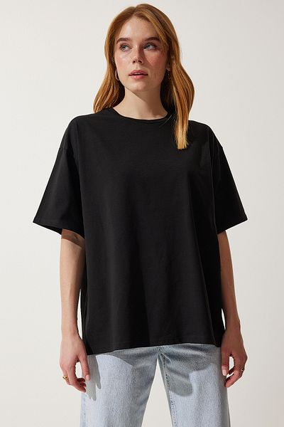 Happiness İstanbul Schwarzes Basic Oversize Strick-T-Shirt für Damen HW00007