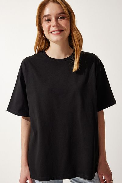 Happiness İstanbul Schwarzes Basic Oversize Strick-T-Shirt für Damen HW00007