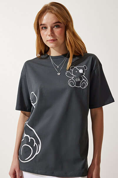 Happiness İstanbul Dámské oversize pletené tričko s antracitovým potiskem HF00457