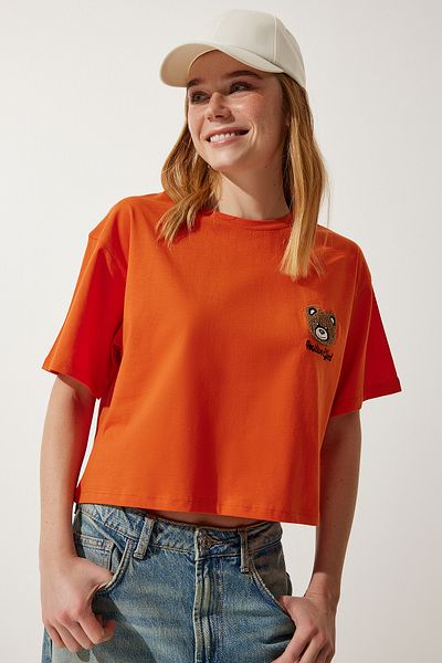 Happiness İstanbul Tricou de damă portocaliu cu ursuleț de pluș brodat HF00456