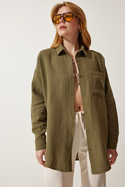 Happiness İstanbul Kadın Haki Cepli Oversize Müslin Gömlek MX00150