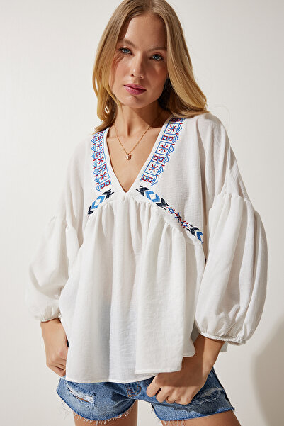 Happiness İstanbul Dámská vyšívaná lněná halenka Ecru s hlubokým výstřihem do V RG00006