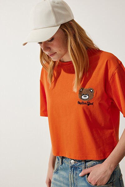 Happiness İstanbul Damska koszulka z dzianiny w kolorze pomarańczowym z haftowanym misiem HF00456