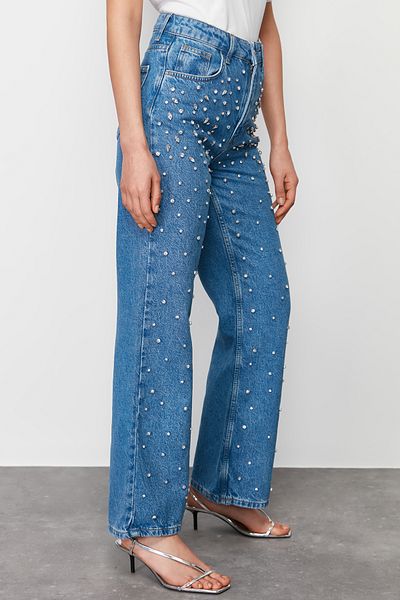 Trendyol Collection Modré drahokamy Džíny Twoss s vysokým pasem a širokými nohama24Je00225