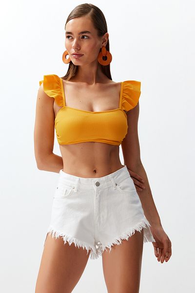Trendyol Collection White Denim Tassel Džínové šortky Tbess24Sr00005