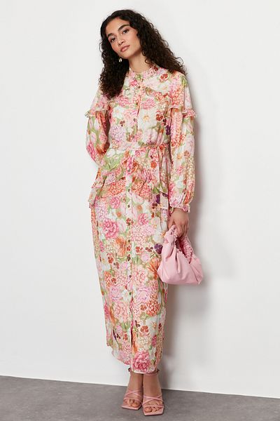 Trendyol Modest Ροζ φλοράλ βολάν Φόρεμα από υφαντό σιφόν με λεπτομερή επένδυση TCTSS24EB00003