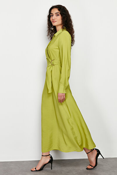 Trendyol Modest Πράσινο πουκάμισο γιακά δέσιμο μέσης Λεπτομερές υφασμένο φόρεμα TCTSS24EB00159