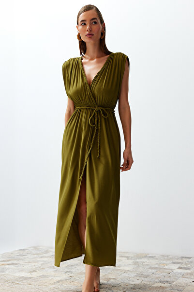 Trendyol Collection Zelené maxi tkané plážové šaty s rozparkem TBESS23EL00069