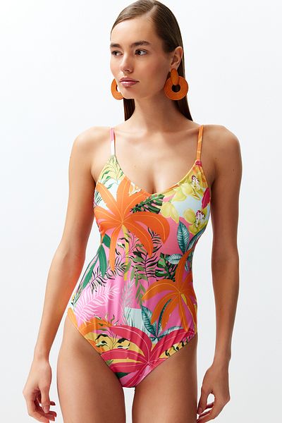Trendyol Collection Tropical Patterned V-Neck Low-Cut Back Regular Swimsuit TBESS24MA00132