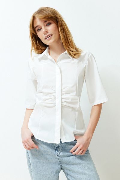 Trendyol Collection Ecru Short Sleeve Fitted/Waist Fitted Woven Shirt with Gather Detail on the Front TWOSS24GO00103