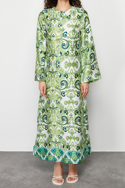 Trendyol Modest Πράσινο σατέν έθνικ μοτίβο βραδινό φόρεμα Jalabiya TCTSS23DB00028