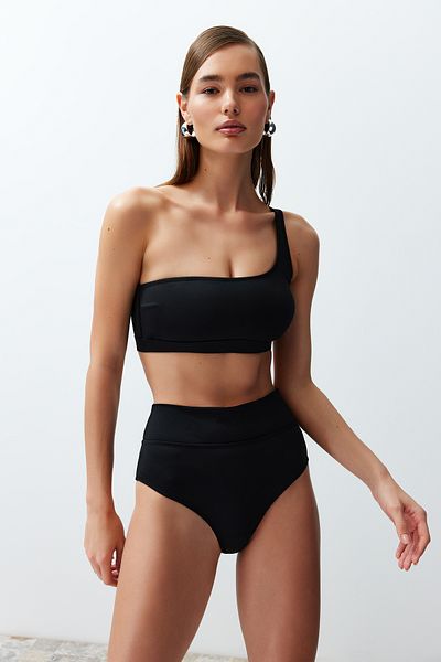 Trendyol Collection Schwarzes, einschultriges, normales Bikini-Set mit hoher Taille TBESS24BT00126