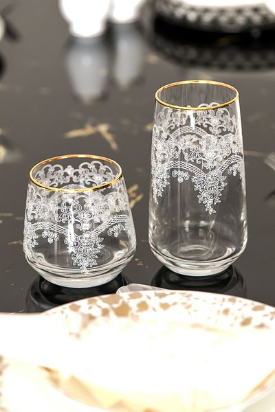 P H Panayır Home Luxury Gold Gilt GLASS Soft Drink Water Cup Set 12 PIECES SET SOFRA TABLE