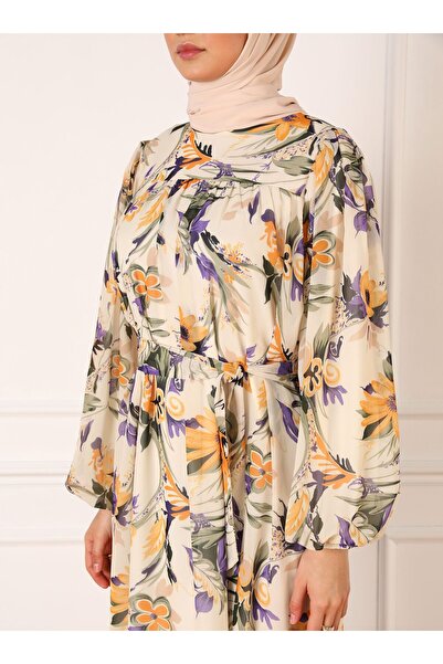 Refka Full Lined Balloon Sleeve Floral Patterned Chiffon Hijab Dress - Purple Yellow - Refka