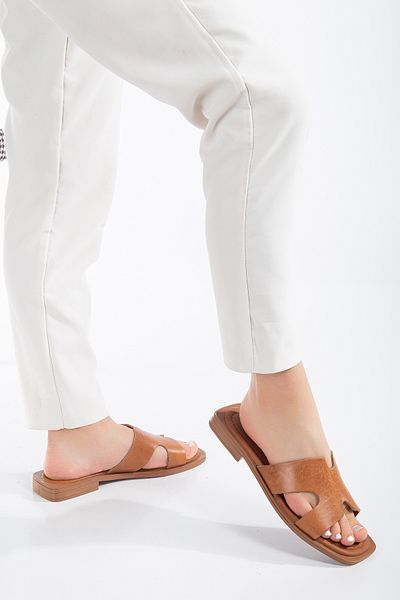 SANDALİ WOMEN'S GENUINE LEATHER VAKETA TAN SHOES SLIPPERS