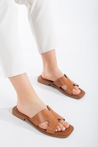 SANDALİ WOMEN'S GENUINE LEATHER VAKETA TAN SHOES SLIPPERS