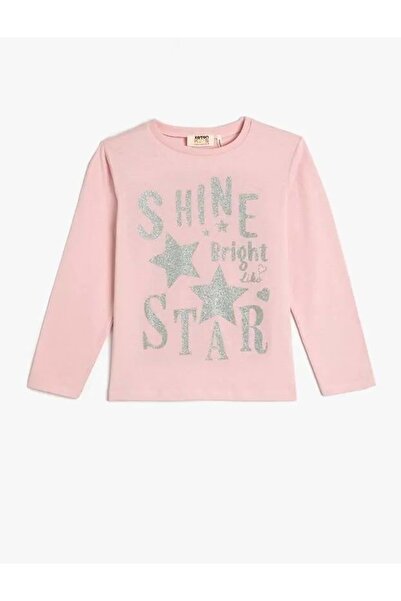 Koton Μακρυμάνικο μπλουζάκι για κορίτσι με λαιμόκοψη αστέρι με στάμπα γκλίτερ...
