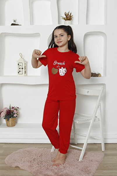 FAMES PİJAMA Red Girl's Brunch Pajama Set - Short Sleeve