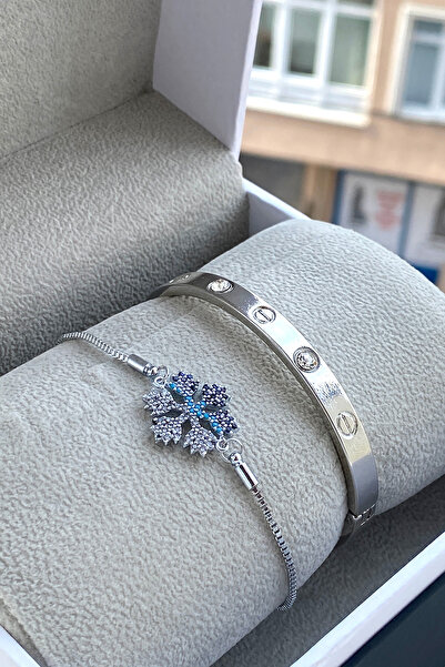 TAKIPORT Gümüş taşlı kelepçe & zirkon taşlı kar tanesi  kadın bileklik seti