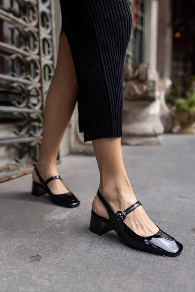 ANGELİNA JONES MARYO WOMEN'S BLACK Patent Leather Heeled MARY JANE STYLE SHOES